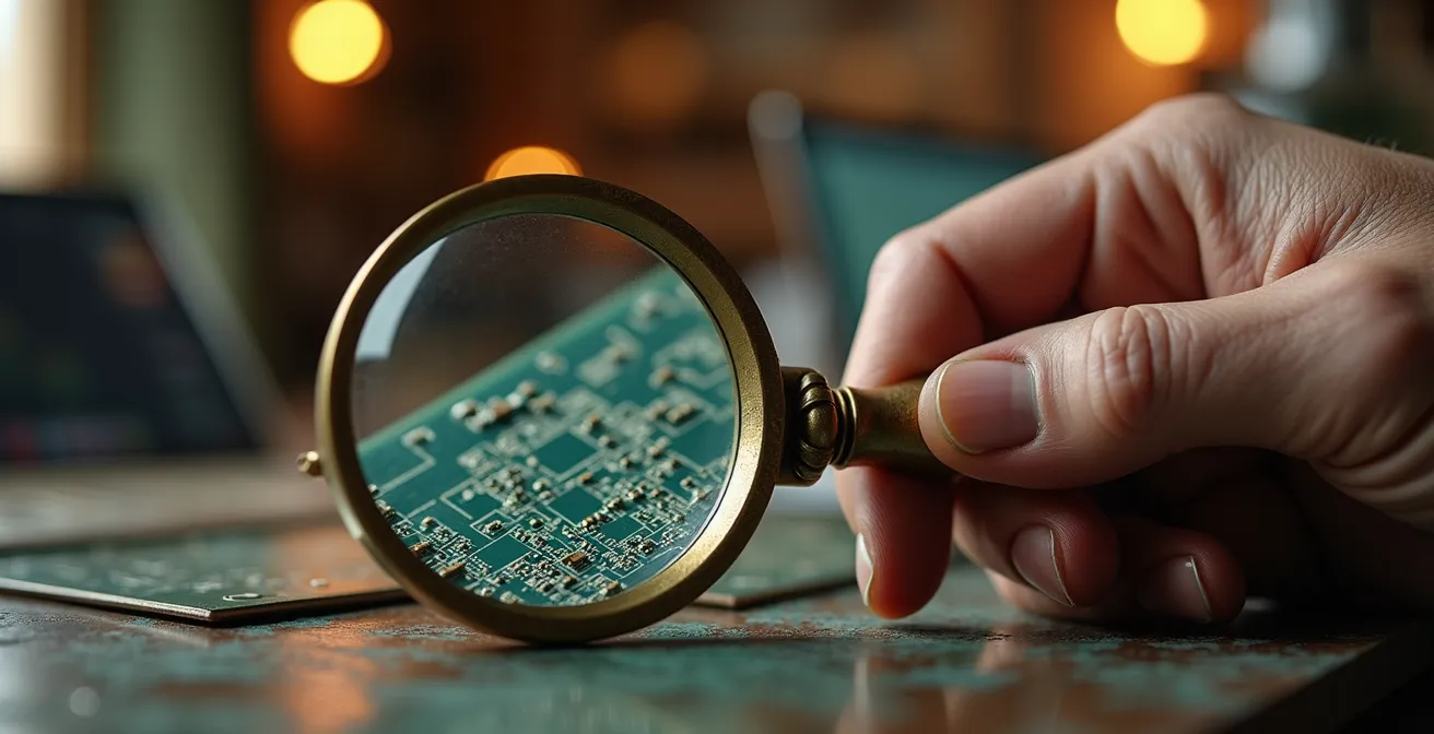 Gros plan sur une main tenant une loupe examinant des motifs complexes