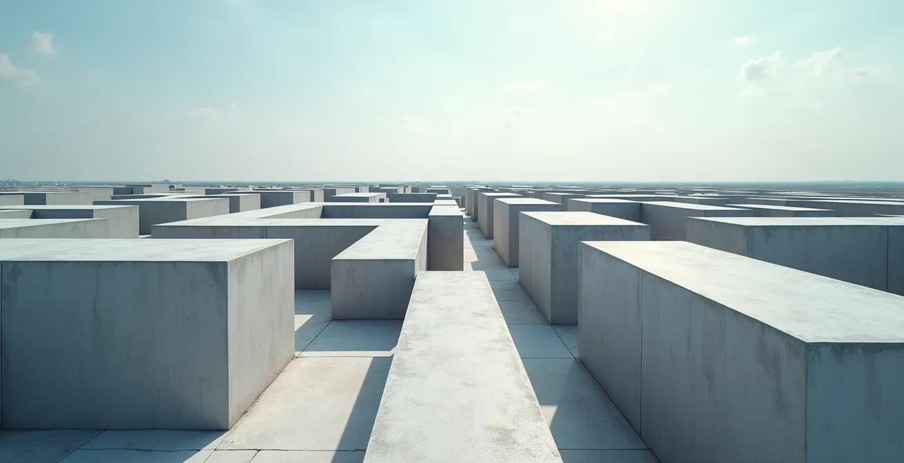 Vue aérienne d'un labyrinthe architectural complexe symbolisant la complexité des coûts