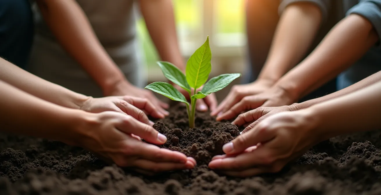 Mains formant un cercle protecteur autour d'une jeune pousse